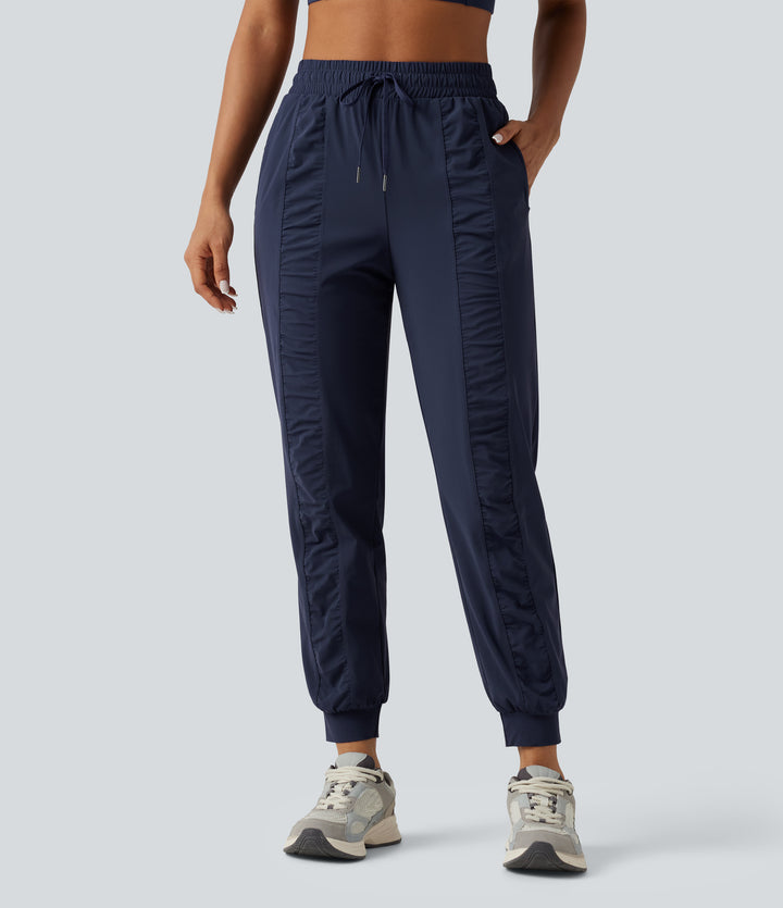 High Waisted Drawstring Ruched Tapered Quick Dry InstantCool Running Joggers with Pockets-UPF40+ — Peacoat — view 1