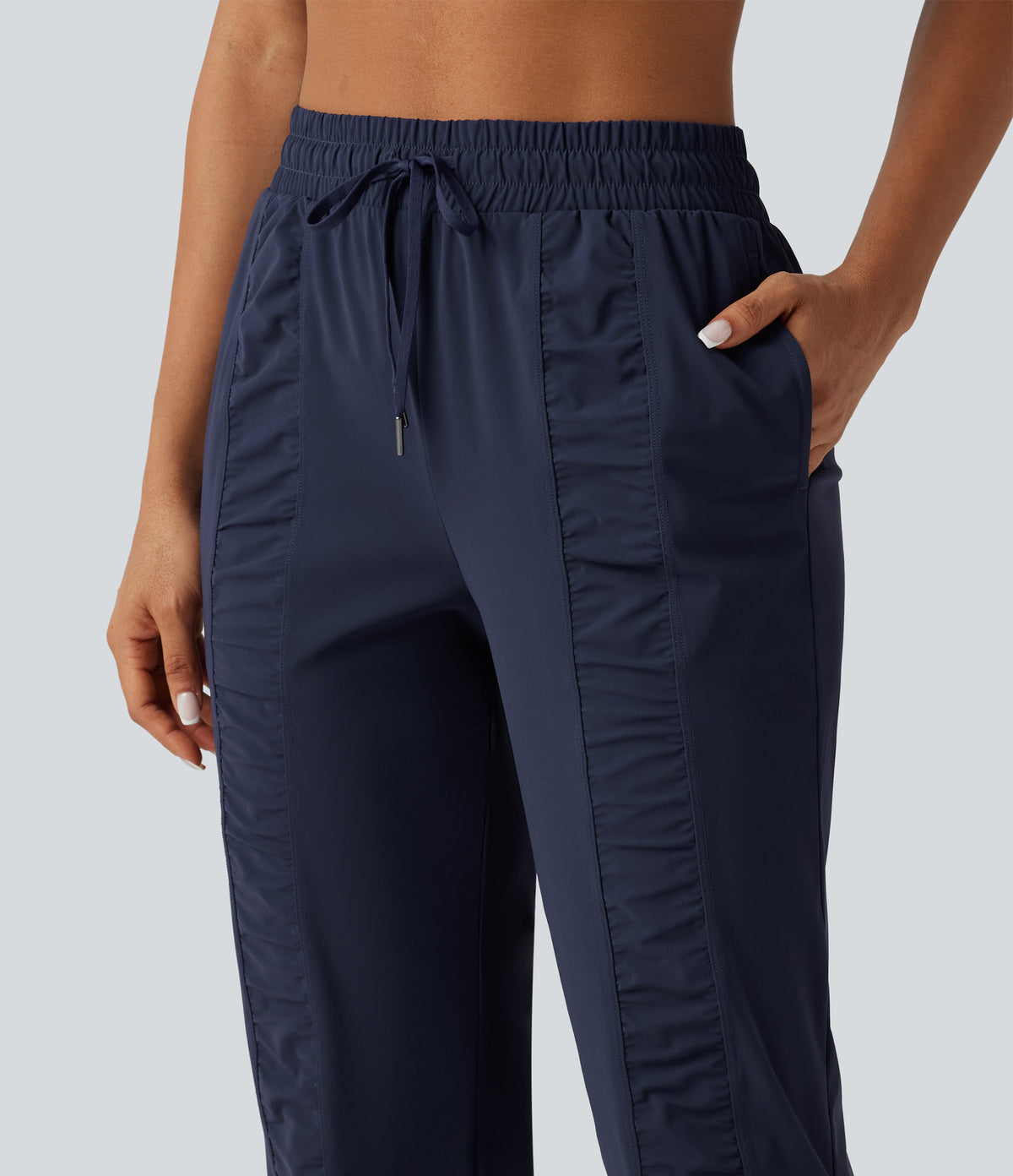 High Waisted Drawstring Ruched Tapered Quick Dry InstantCool Running Joggers with Pockets-UPF40+ — Peacoat — view 4