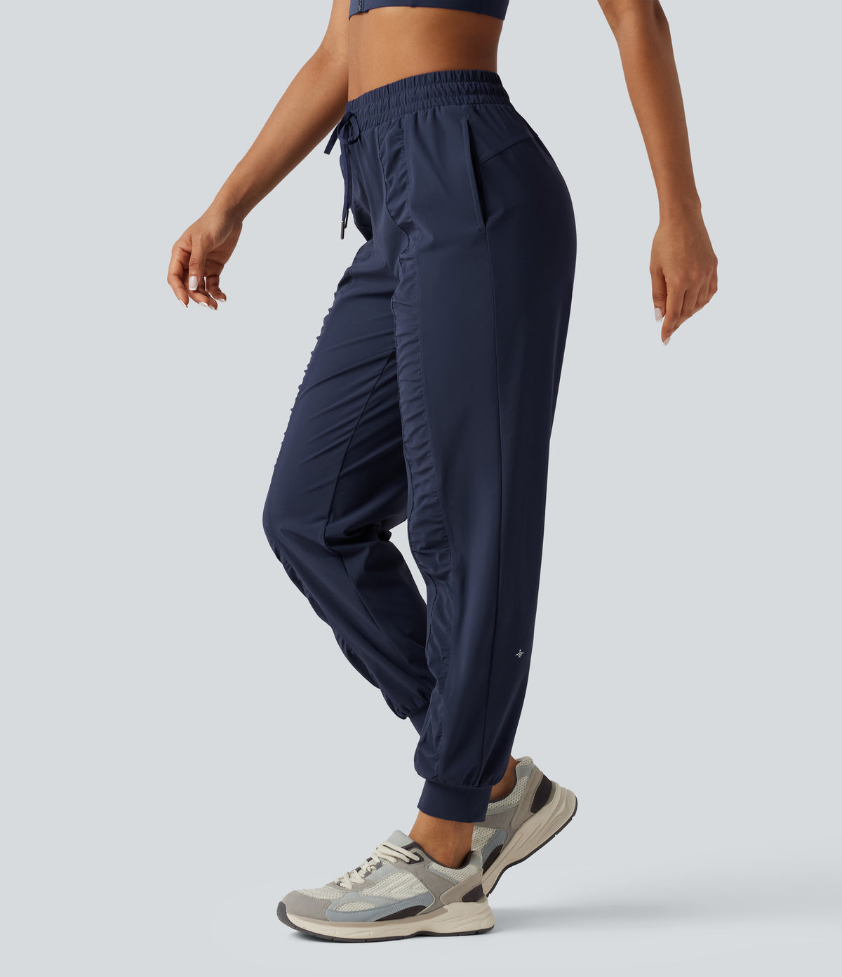 High Waisted Drawstring Ruched Tapered Quick Dry InstantCool Running Joggers with Pockets-UPF40+ — Peacoat — view 3