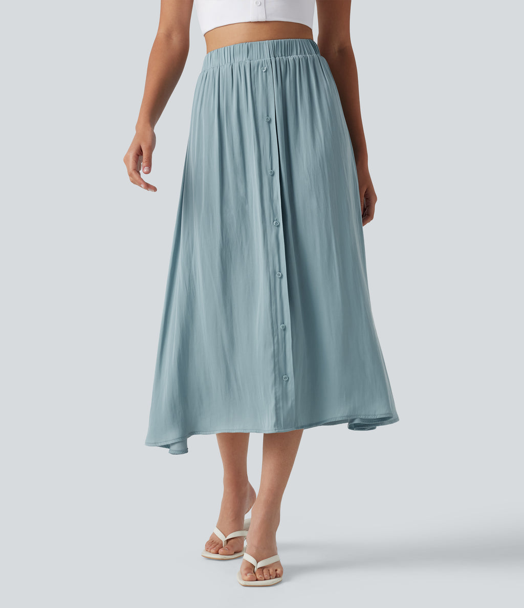 High Waisted A-Line Flowy Midi Casual Skirt — Stone Blue — view 1