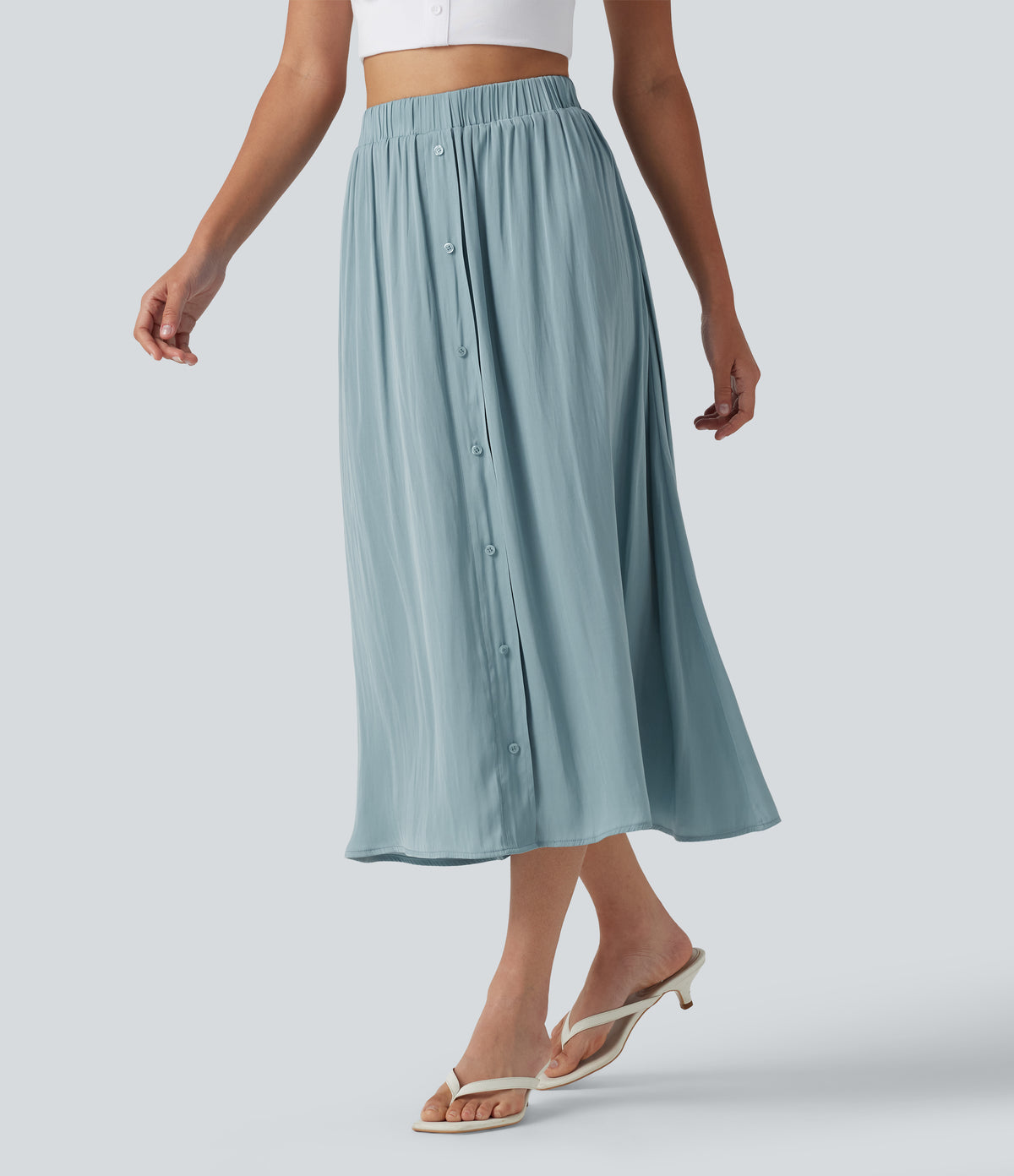 High Waisted A-Line Flowy Midi Casual Skirt — Stone Blue — view 3