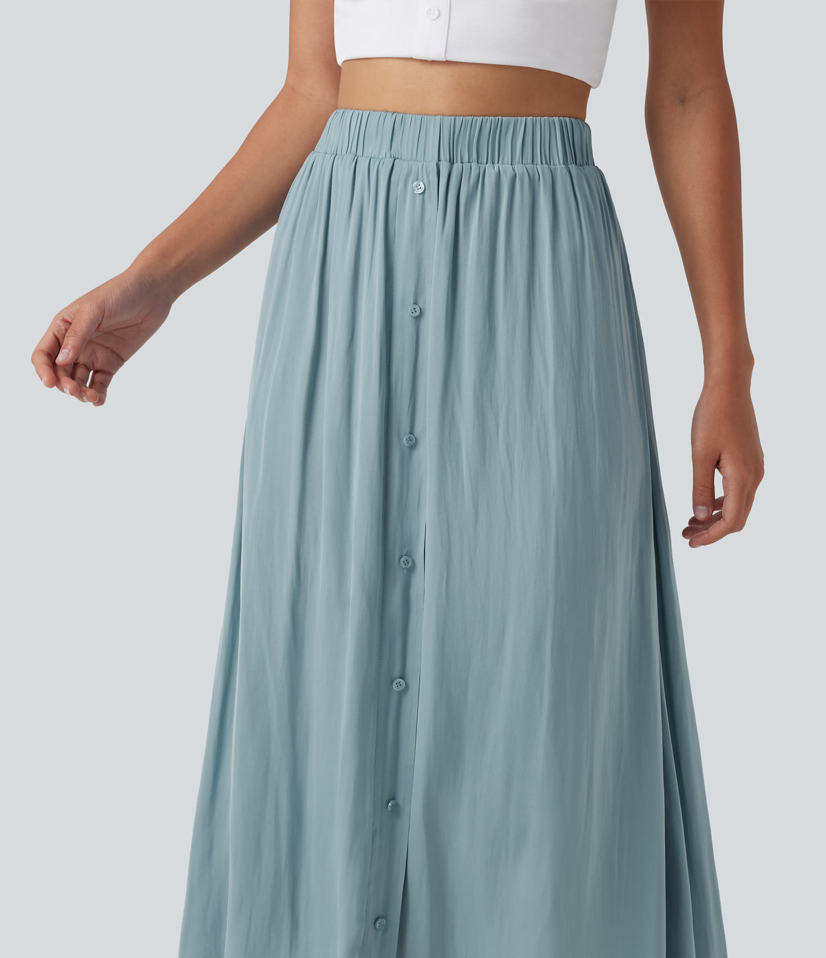 High Waisted A-Line Flowy Midi Casual Skirt — Stone Blue — view 5