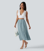High Waisted A-Line Flowy Midi Casual Skirt — Stone Blue — view 6