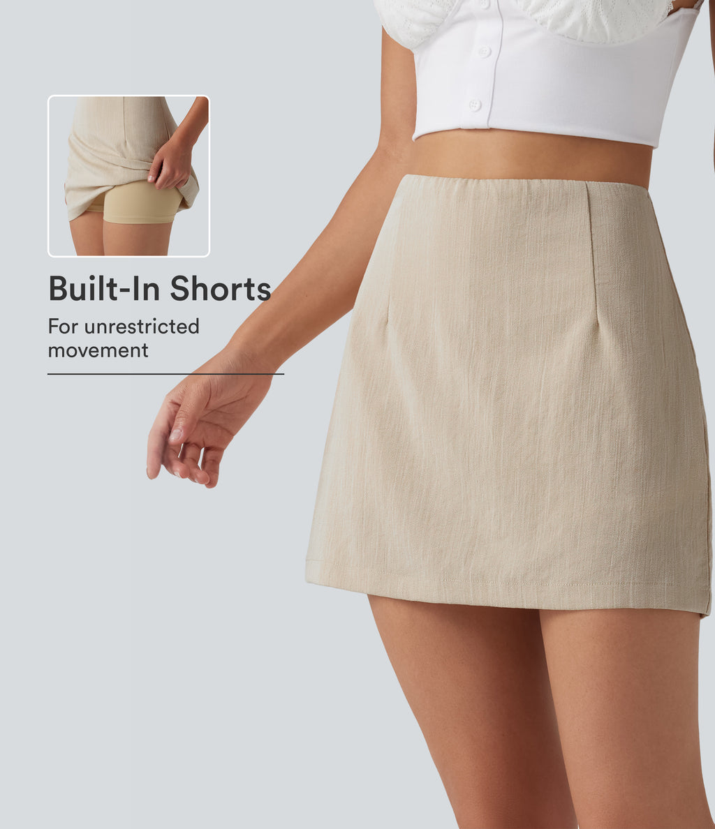High Waisted 2-in-1 A Line Mini Casual Linen-Feel Skirt — Dune Mirage — view 1