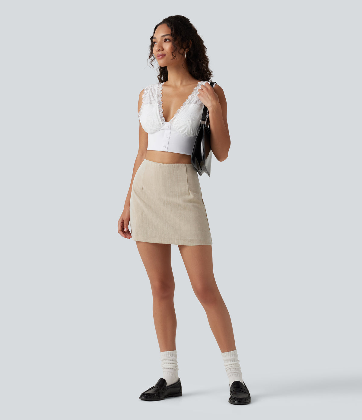 High Waisted 2-in-1 A Line Mini Casual Linen-Feel Skirt — Dune Mirage — view 8