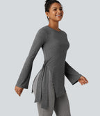 Round Neck Long Sleeve Tie Side Asymmetric Hem Casual Top — Darl Gray Floral Yarn — view 1