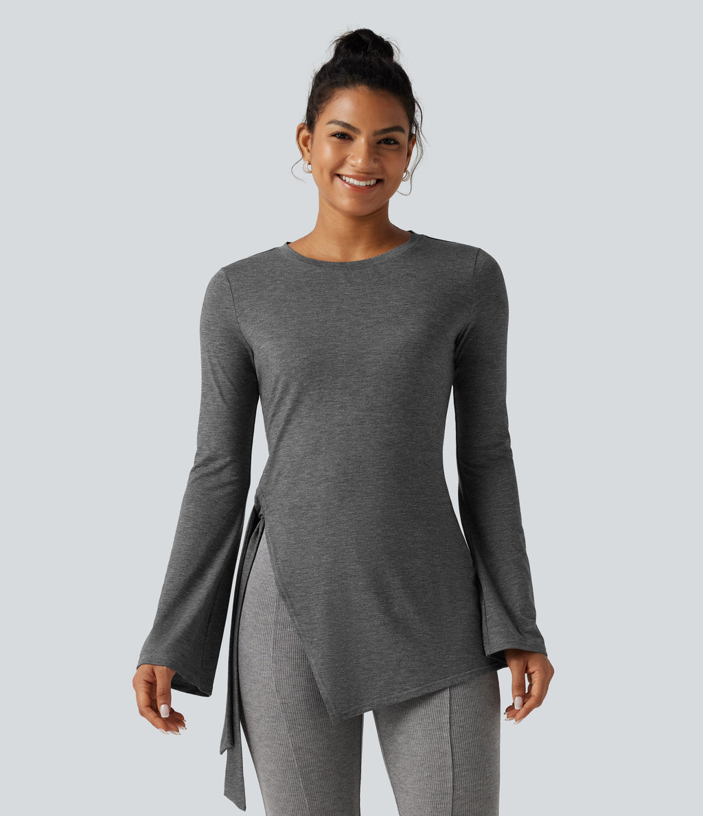 Round Neck Long Sleeve Tie Side Asymmetric Hem Casual Top — Darl Gray Floral Yarn — view 3
