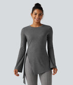 Round Neck Long Sleeve Tie Side Asymmetric Hem Casual Top — Darl Gray Floral Yarn — view 3