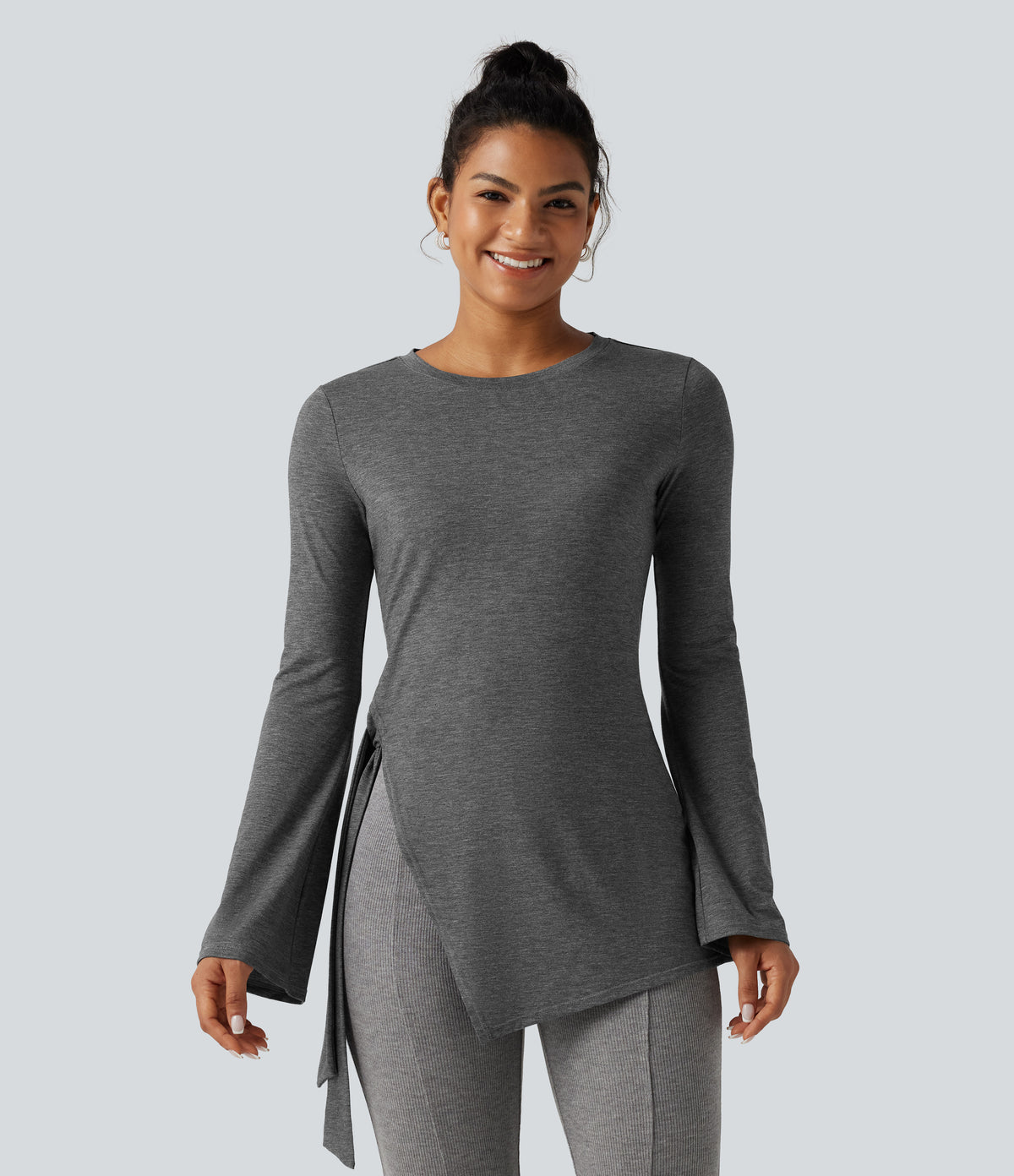 Round Neck Long Sleeve Tie Side Asymmetric Hem Casual Top — Darl Gray Floral Yarn — view 3