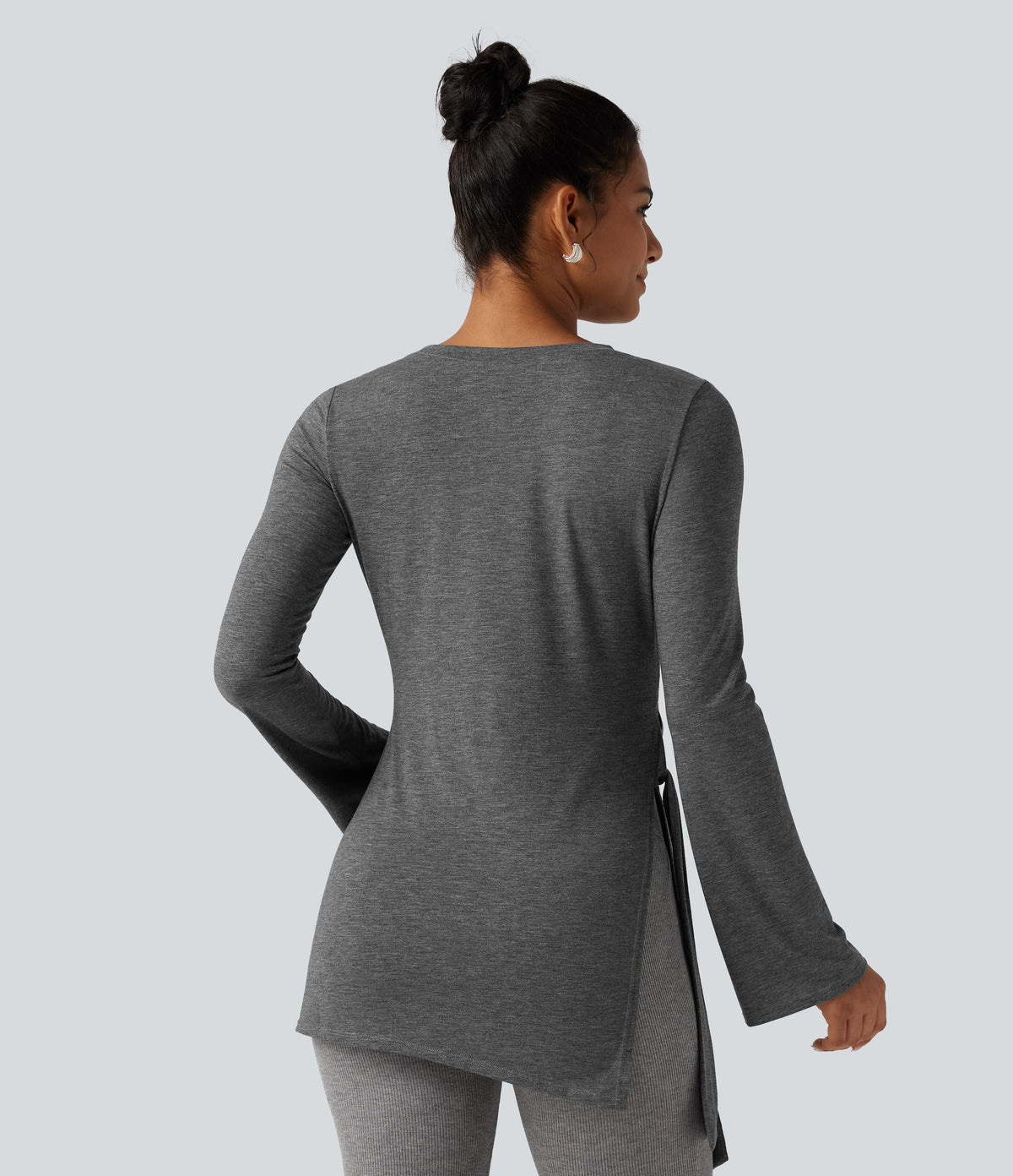 Round Neck Long Sleeve Tie Side Asymmetric Hem Casual Top — Darl Gray Floral Yarn — view 2