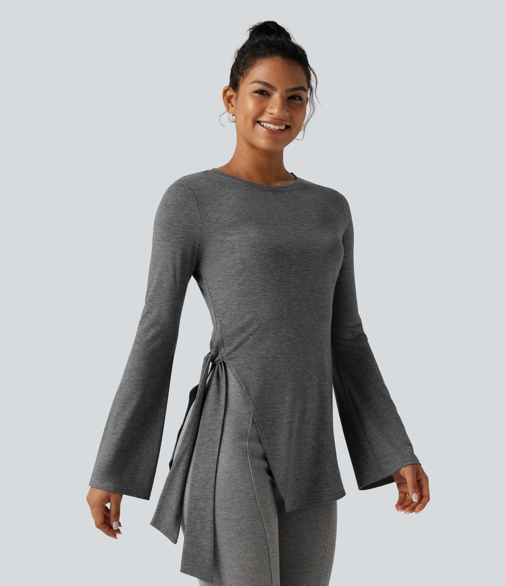 Round Neck Long Sleeve Tie Side Asymmetric Hem Casual Top — Darl Gray Floral Yarn — view 4