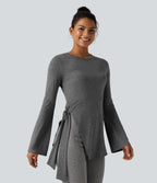 Round Neck Long Sleeve Tie Side Asymmetric Hem Casual Top — Darl Gray Floral Yarn — view 4