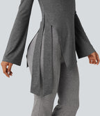 Round Neck Long Sleeve Tie Side Asymmetric Hem Casual Top — Darl Gray Floral Yarn — view 7