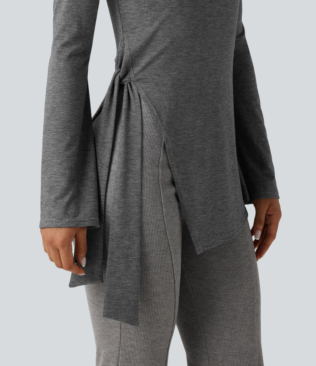 Round Neck Long Sleeve Tie Side Asymmetric Hem Casual Top — Darl Gray Floral Yarn — view 6