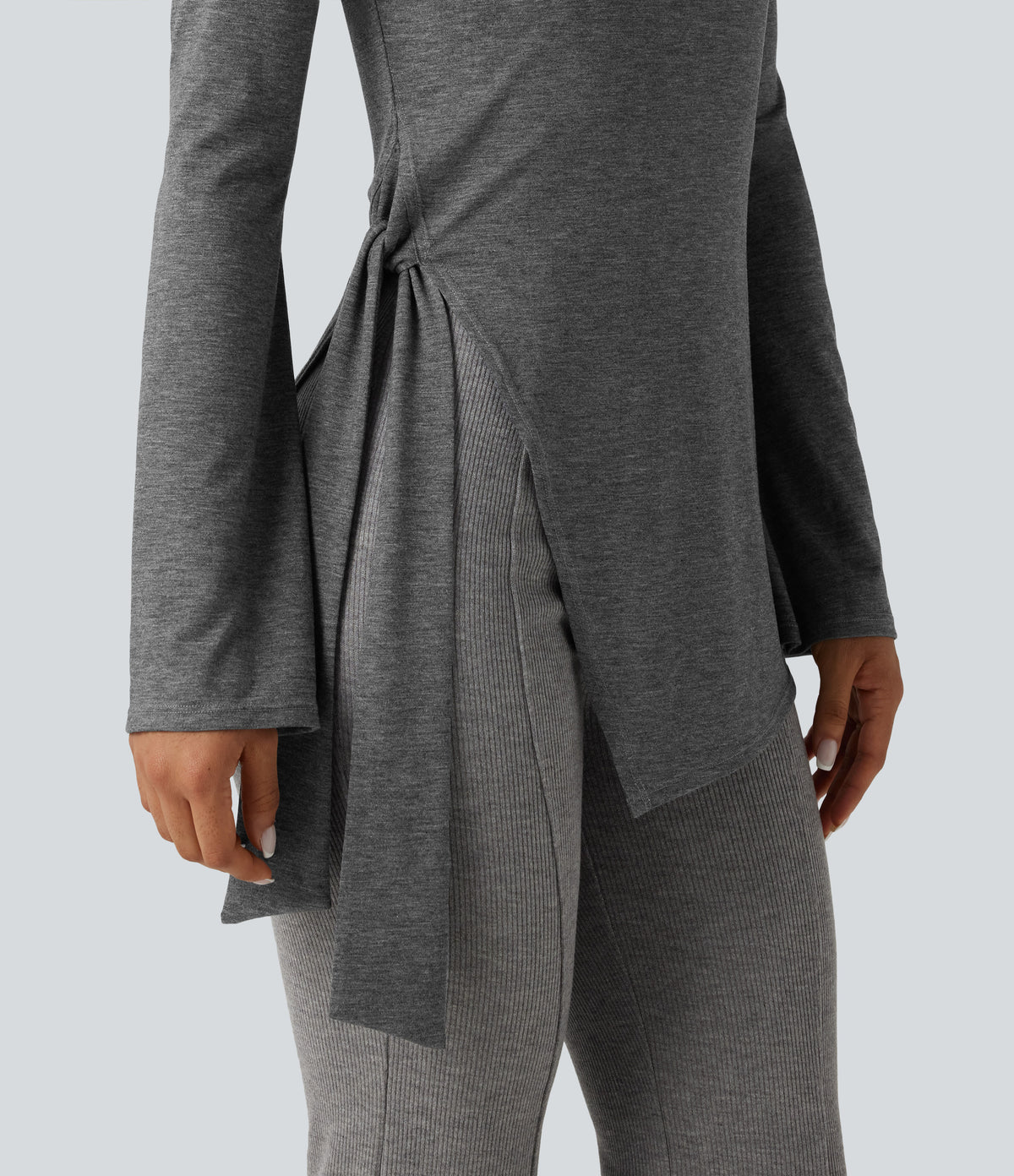 Round Neck Long Sleeve Tie Side Asymmetric Hem Casual Top — Darl Gray Floral Yarn — view 6