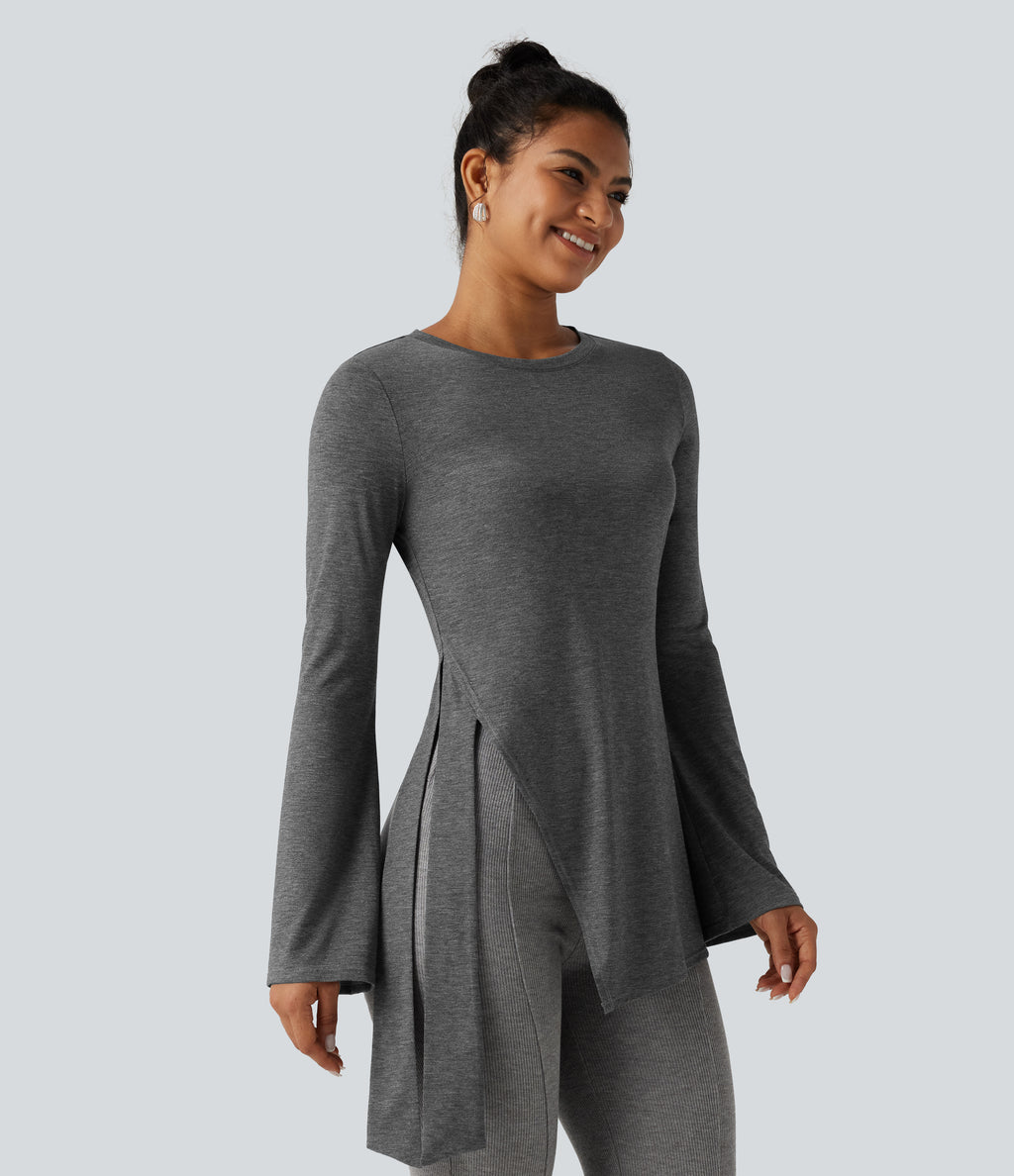 Round Neck Long Sleeve Tie Side Asymmetric Hem Casual Top — Darl Gray Floral Yarn — view 5