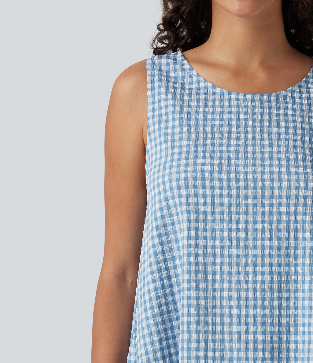 Round Neck Sleeveless Midi Crinkle Gingham Casual Tank Dress with Pockets — Blue White Bubble Grid — view 5