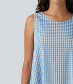Round Neck Sleeveless Midi Crinkle Gingham Casual Tank Dress with Pockets — Blue White Bubble Grid — view 5
