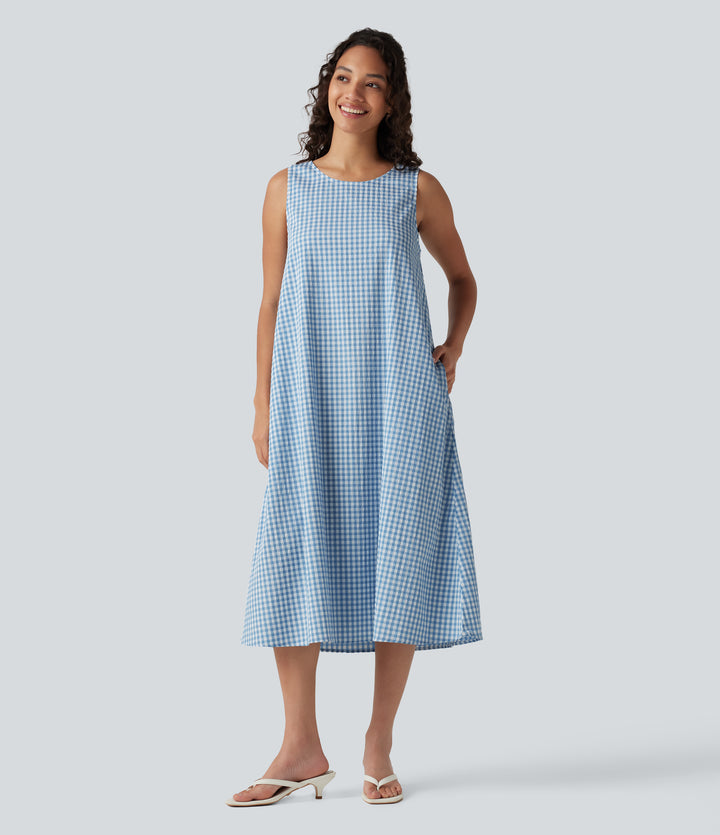 Round Neck Sleeveless Midi Crinkle Gingham Casual Tank Dress with Pockets — Blue White Bubble Grid — view 1