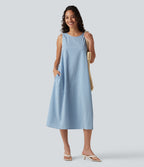 Round Neck Sleeveless Midi Crinkle Gingham Casual Tank Dress with Pockets — Blue White Bubble Grid — view 7