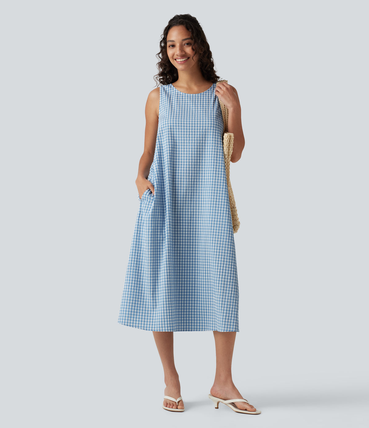 Round Neck Sleeveless Midi Crinkle Gingham Casual Tank Dress with Pockets — Blue White Bubble Grid — view 7