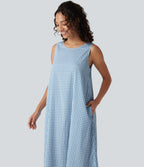 Round Neck Sleeveless Midi Crinkle Gingham Casual Tank Dress with Pockets — Blue White Bubble Grid — view 6
