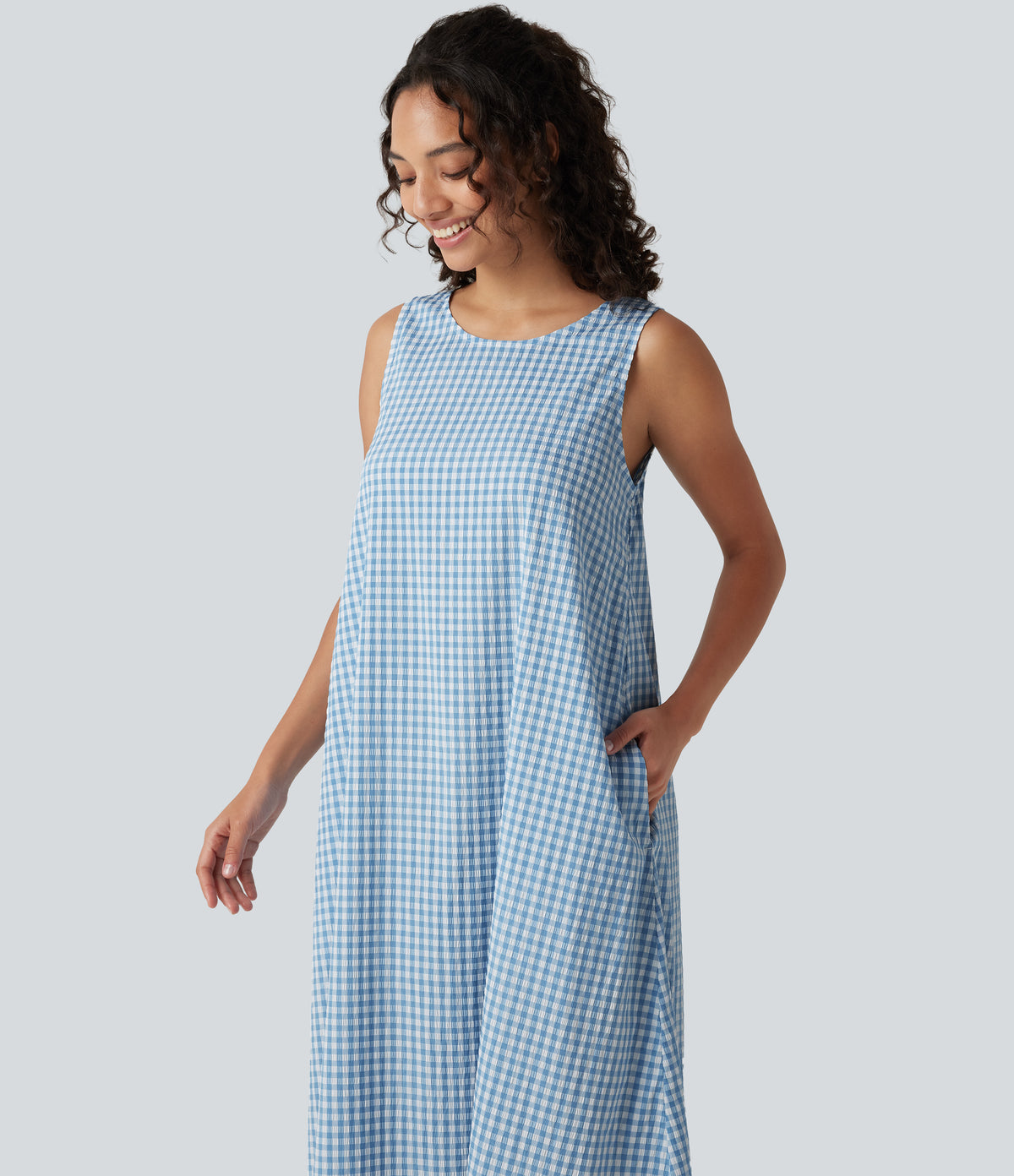Round Neck Sleeveless Midi Crinkle Gingham Casual Tank Dress with Pockets — Blue White Bubble Grid — view 6