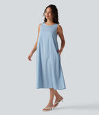 Round Neck Sleeveless Midi Crinkle Gingham Casual Tank Dress with Pockets — Blue White Bubble Grid — view 4