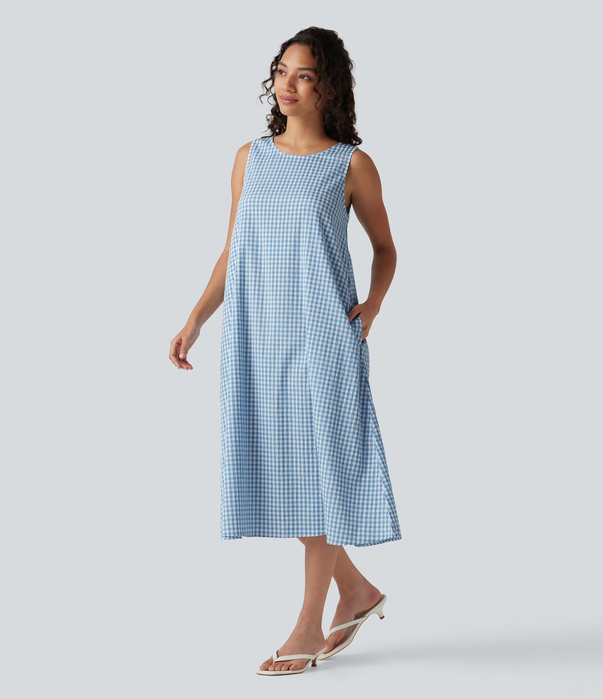 Round Neck Sleeveless Midi Crinkle Gingham Casual Tank Dress with Pockets — Blue White Bubble Grid — view 4