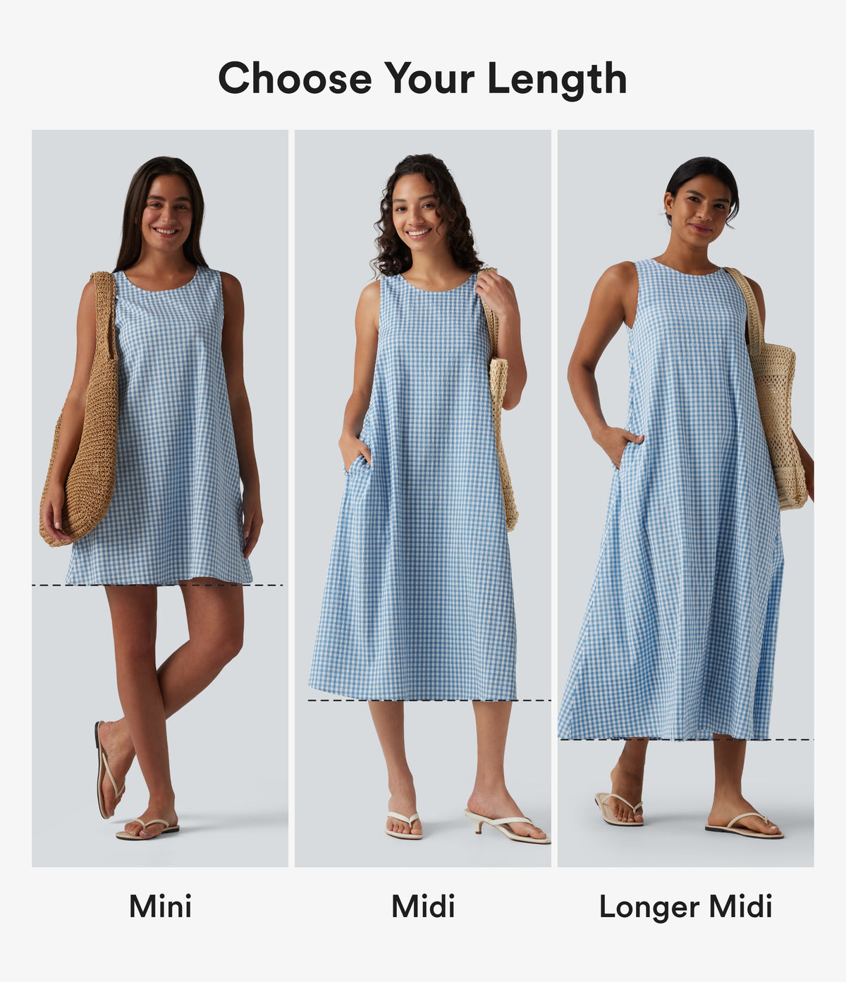 Round Neck Sleeveless Midi Crinkle Gingham Casual Tank Dress with Pockets — Blue White Bubble Grid — view 2
