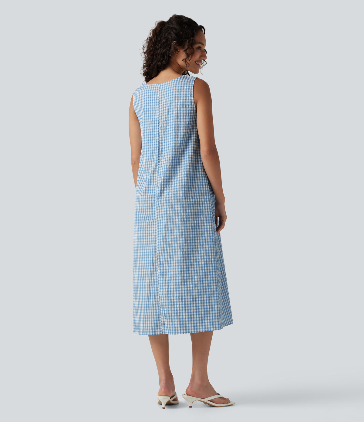 Round Neck Sleeveless Midi Crinkle Gingham Casual Tank Dress with Pockets — Blue White Bubble Grid — view 3