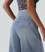 High Waisted Wide Leg Washed Casual Jeans with Pockets — Blue Flower Denim — view 4
