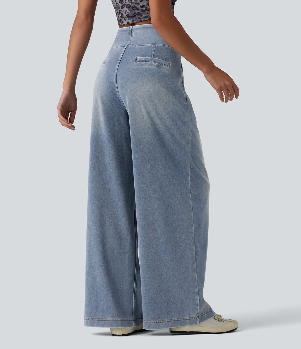 High Waisted Wide Leg Washed Casual Jeans with Pockets — Blue Flower Denim — view 2