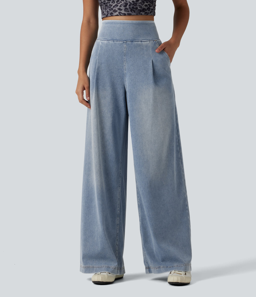 High Waisted Wide Leg Washed Casual Jeans with Pockets — Blue Flower Denim — view 3
