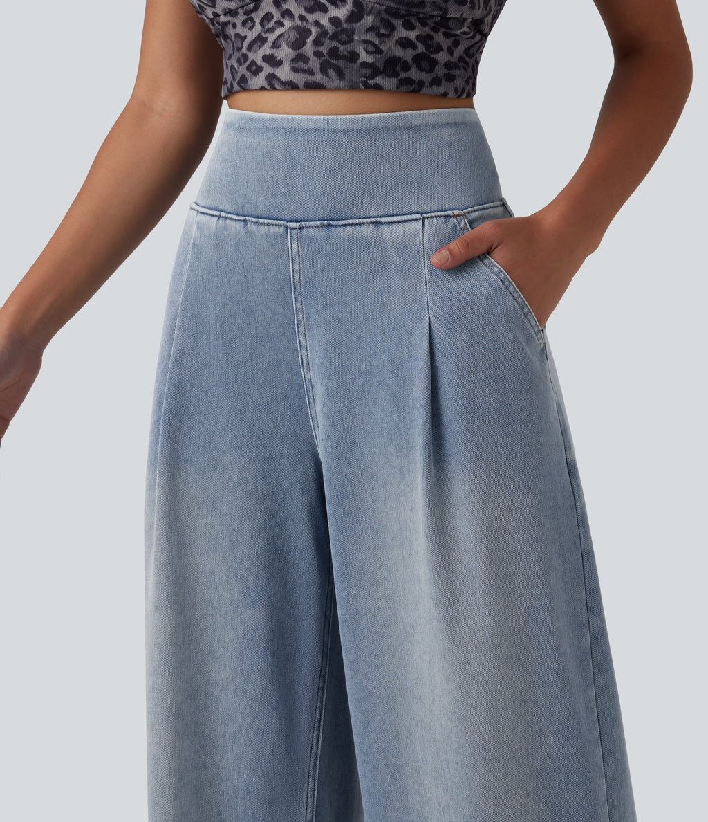 High Waisted Wide Leg Washed Casual Jeans with Pockets — Blue Flower Denim — view 5