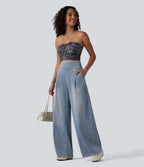High Waisted Wide Leg Washed Casual Jeans with Pockets — Blue Flower Denim — view 6