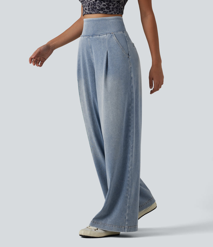 High Waisted Wide Leg Washed Casual Jeans with Pockets — Blue Flower Denim — view 1