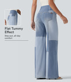 High Waisted Crossover Tummy Control Patched Bootcut Casual Jeans with Pockets — Malibu Blue Denim — view 1