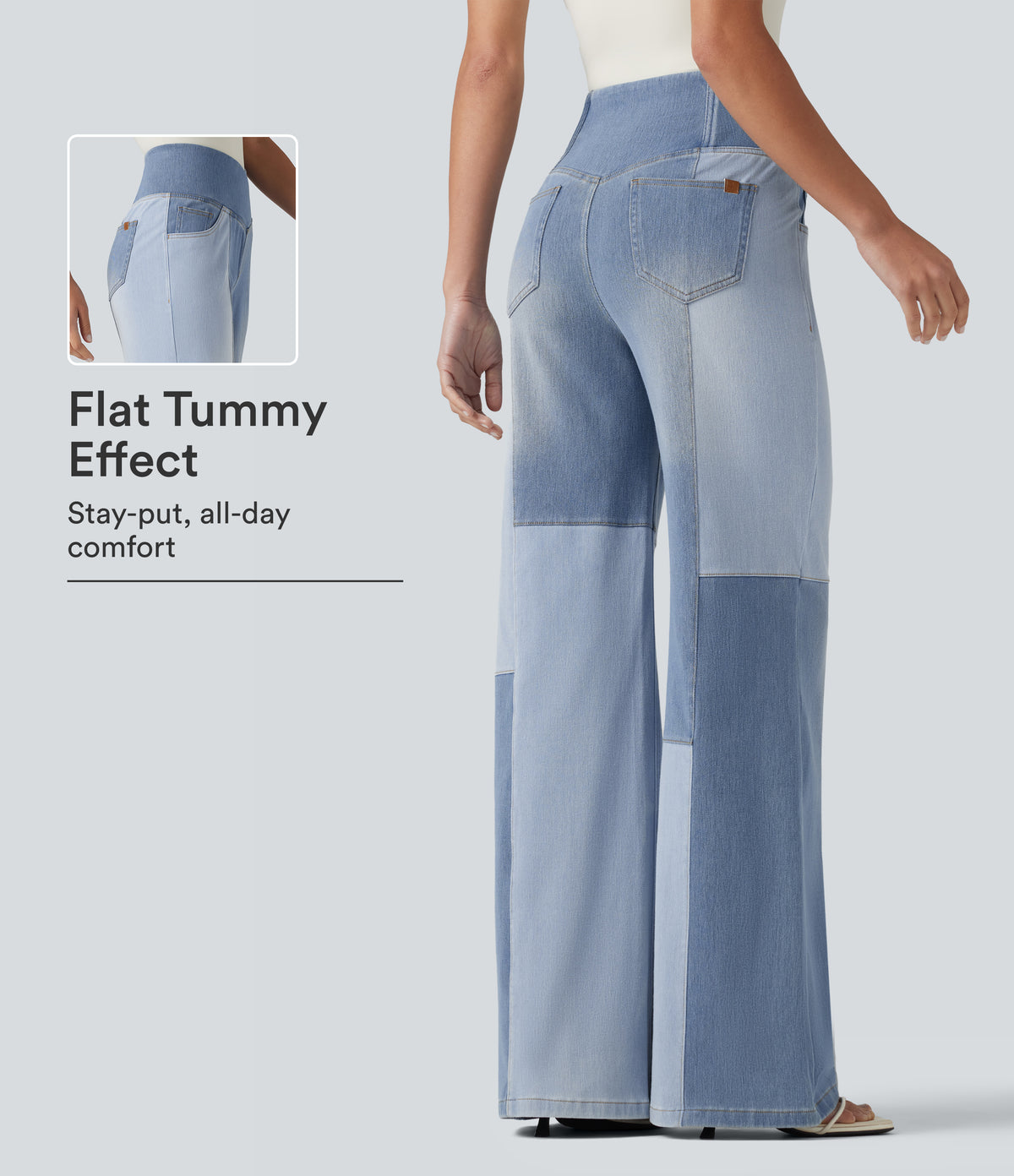 High Waisted Crossover Tummy Control Patched Bootcut Casual Jeans with Pockets — Malibu Blue Denim — view 1