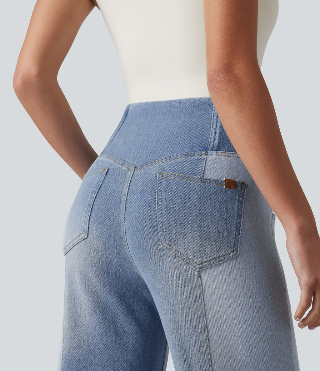 High Waisted Crossover Tummy Control Patched Bootcut Casual Jeans with Pockets — Malibu Blue Denim — view 5
