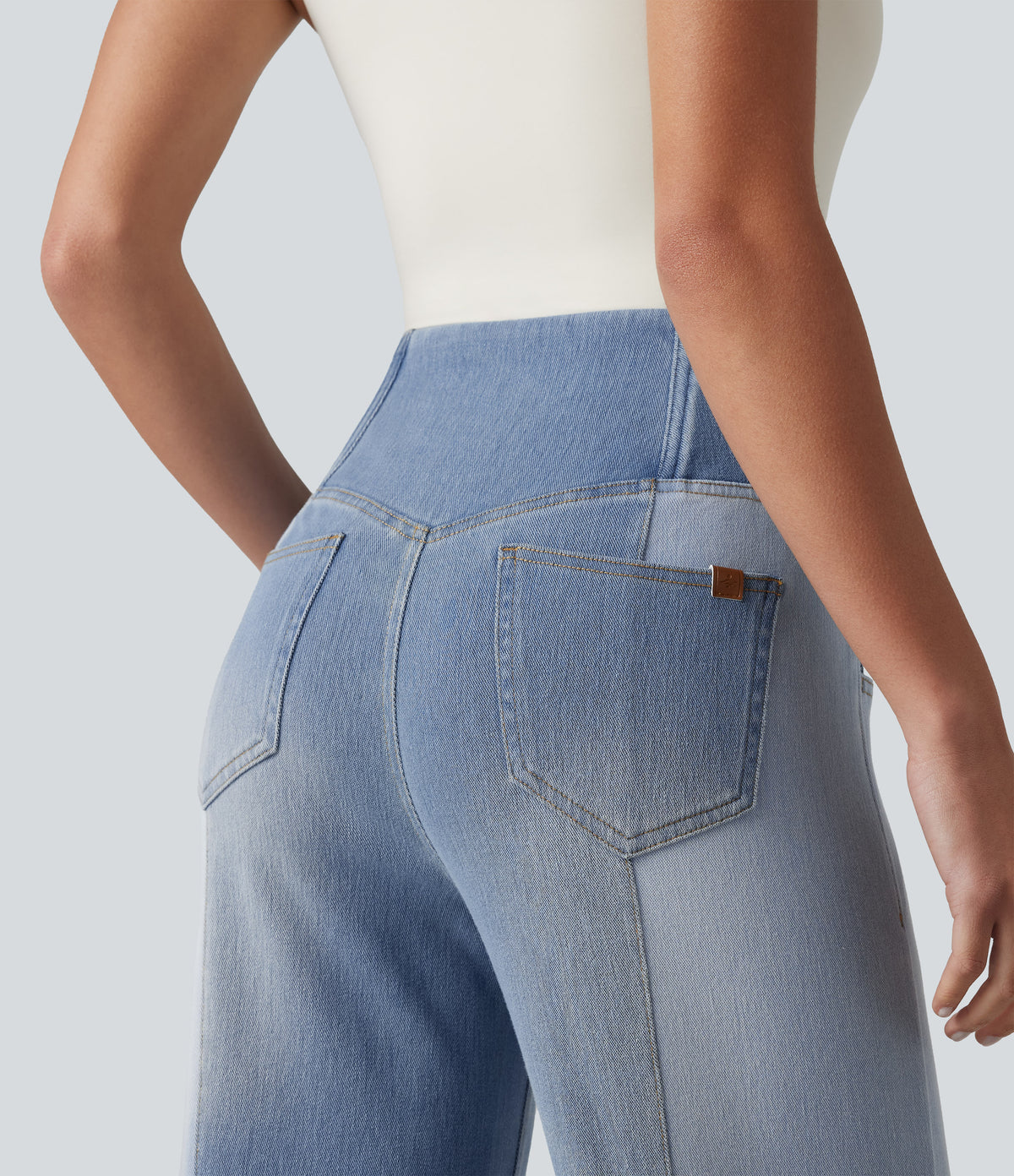 High Waisted Crossover Tummy Control Patched Bootcut Casual Jeans with Pockets — Malibu Blue Denim — view 5