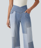 High Waisted Crossover Tummy Control Patched Bootcut Casual Jeans with Pockets — Malibu Blue Denim — view 4
