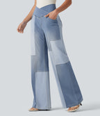 High Waisted Crossover Tummy Control Patched Bootcut Casual Jeans with Pockets — Malibu Blue Denim — view 2