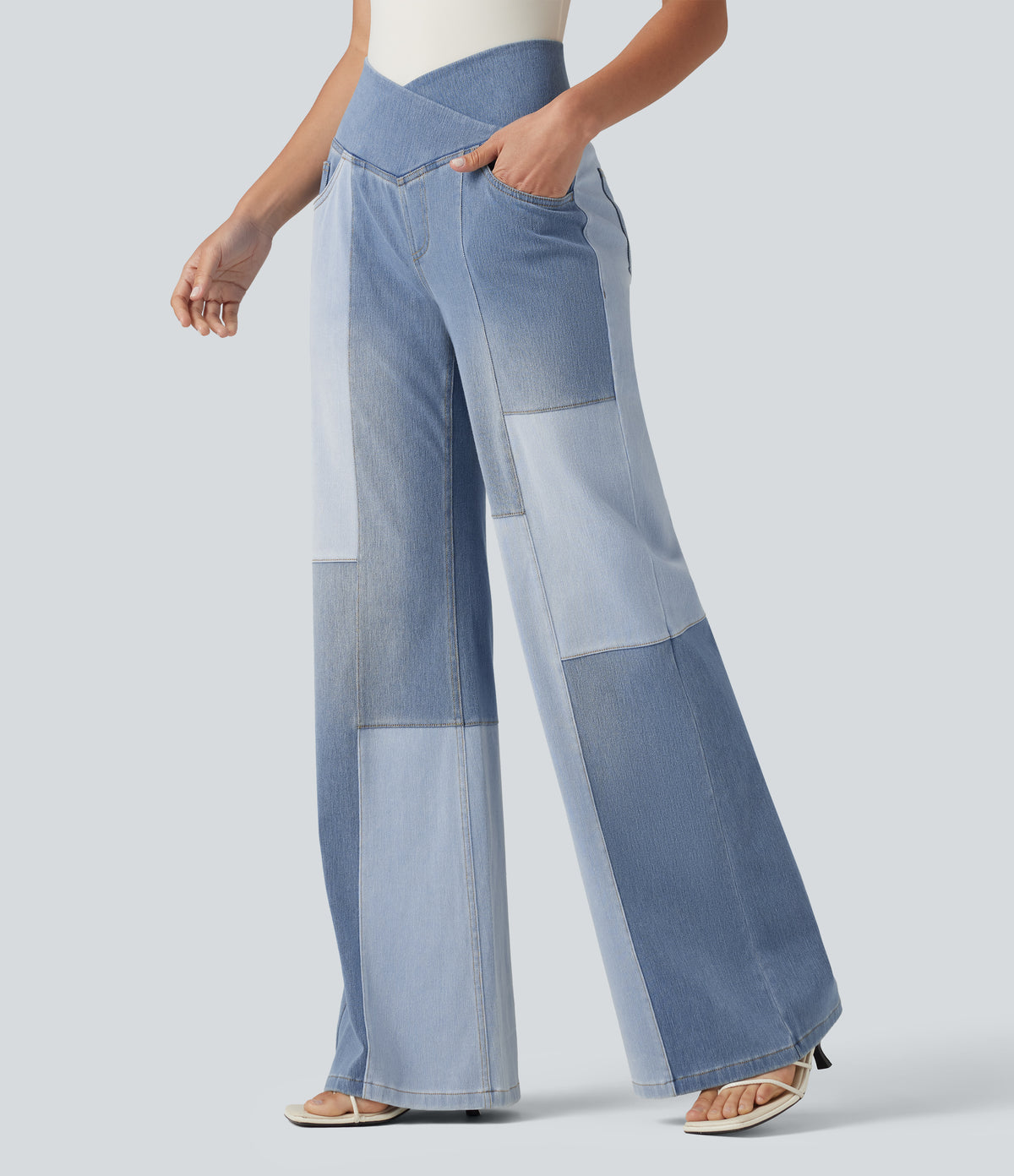 High Waisted Crossover Tummy Control Patched Bootcut Casual Jeans with Pockets — Malibu Blue Denim — view 2