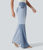 High Waisted Crossover Tummy Control Patched Bootcut Casual Jeans with Pockets — Malibu Blue Denim — view 3