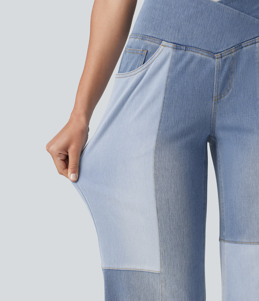 High Waisted Crossover Tummy Control Patched Bootcut Casual Jeans with Pockets — Malibu Blue Denim — view 6