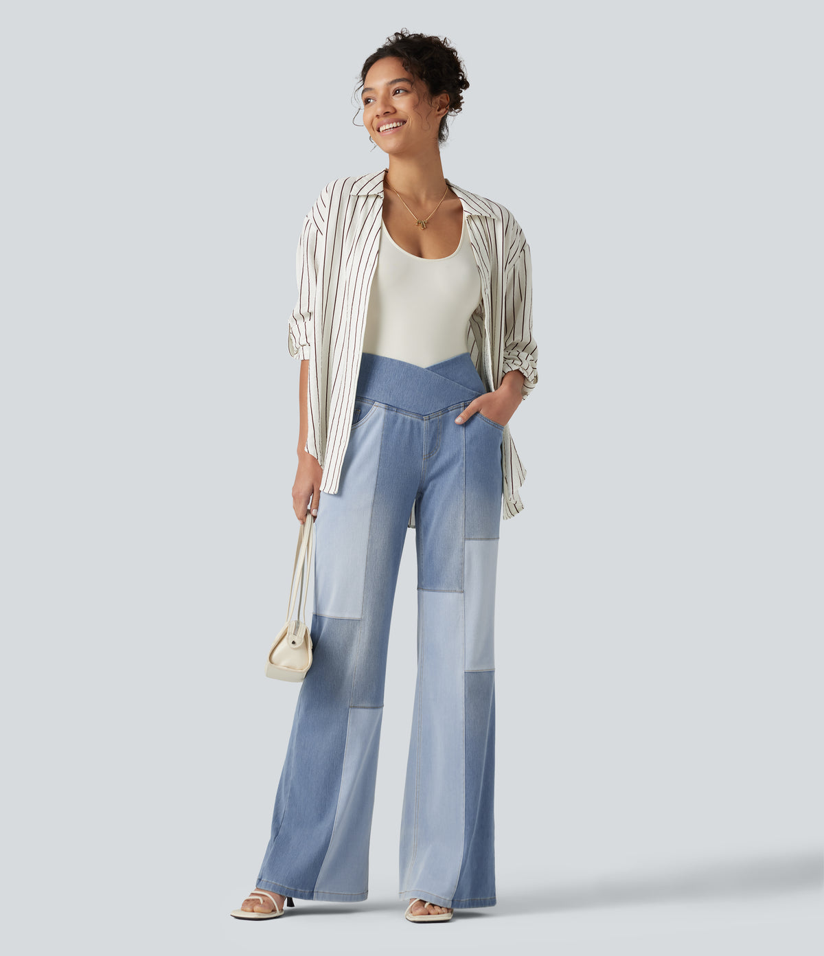 High Waisted Crossover Tummy Control Patched Bootcut Casual Jeans with Pockets — Malibu Blue Denim — view 7
