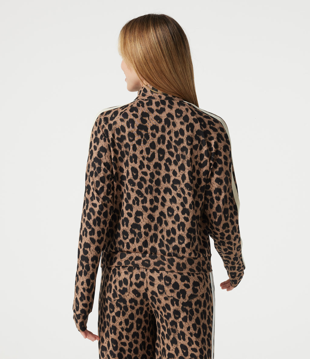 Stand Collar Zipper Long Sleeve Color Block Leopard Print Waffle Casual Jacket with Pockets — Noir Safari — view 2