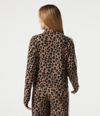 Stand Collar Zipper Long Sleeve Color Block Leopard Print Waffle Casual Jacket with Pockets — Noir Safari — view 2