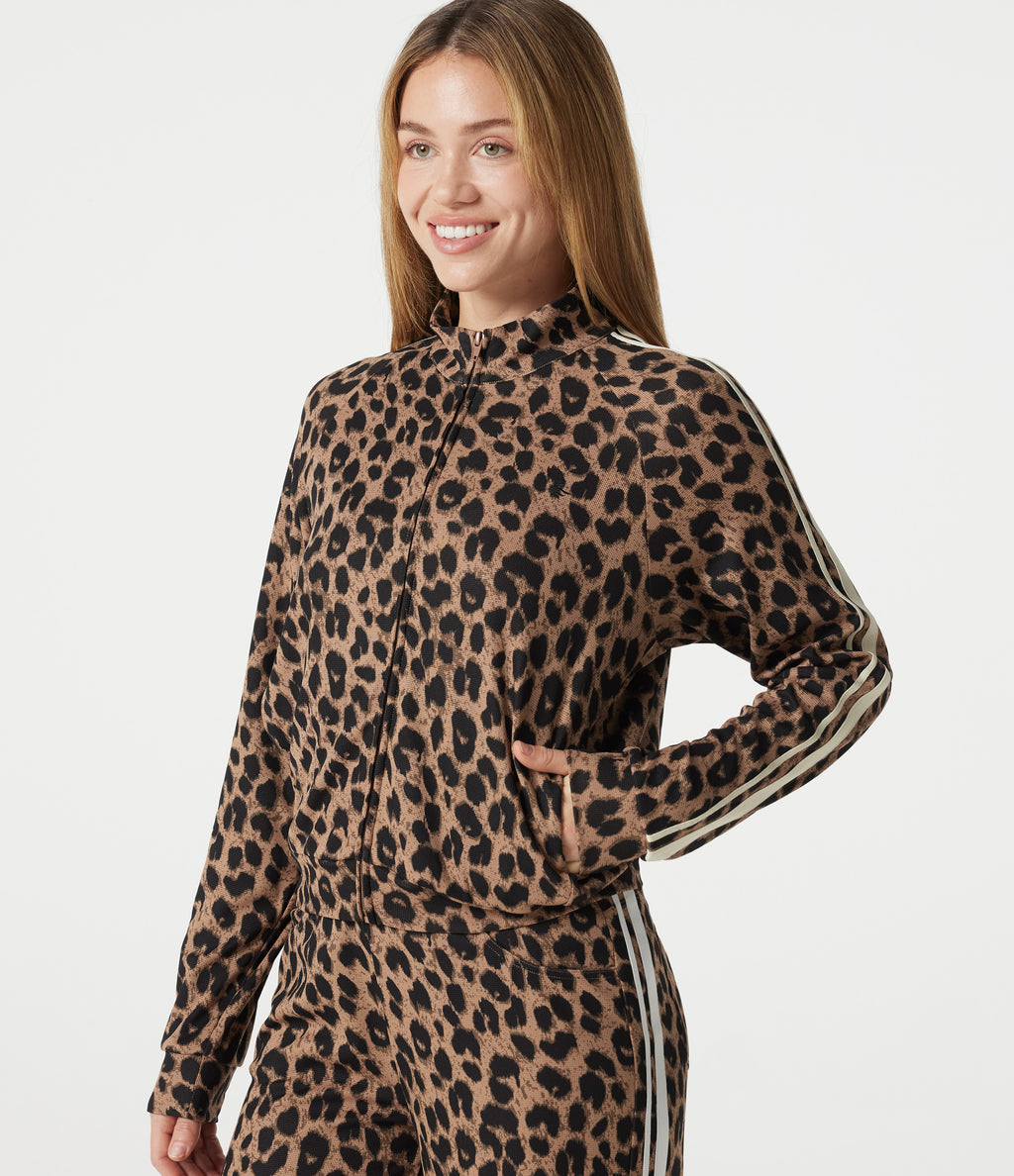 Stand Collar Zipper Long Sleeve Color Block Leopard Print Waffle Casual Jacket with Pockets — Noir Safari — view 4